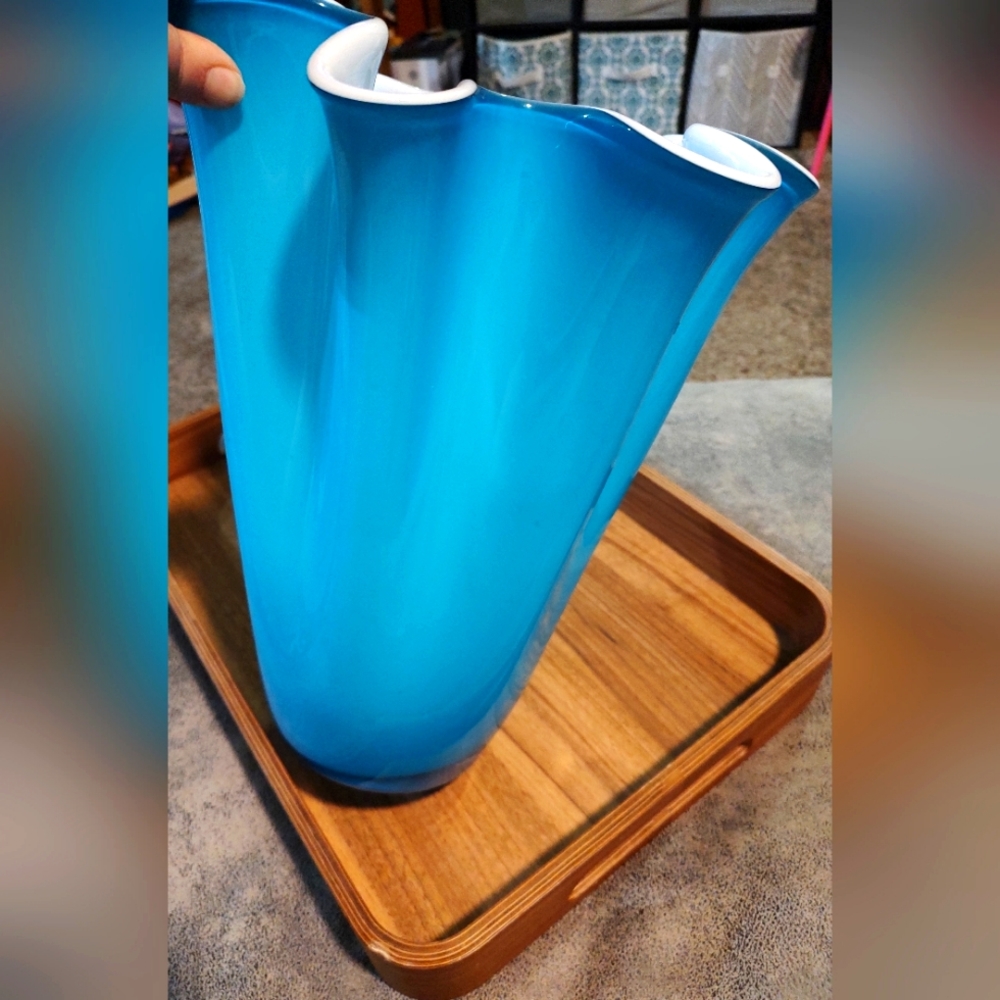 Large Beautiful Vintage MCM Turquoise unique blown glass Murano cased vase RARE - Picture 7 of 11